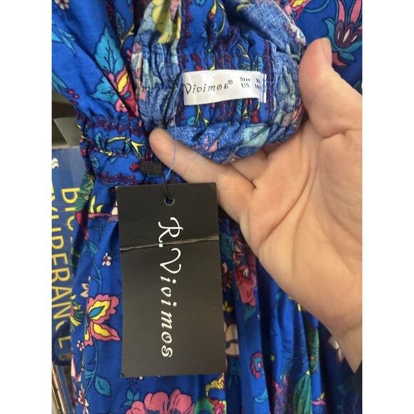 NWT R.Vivimos Blue Floral Caftan Dress Print V-Neck Short Sleeve Sz M 8 10 Maxi - Picture 4 of 5